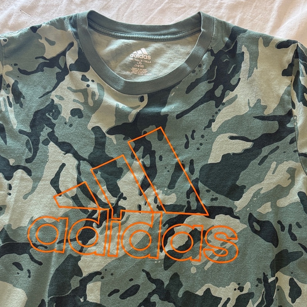 Adidas Green Camouflage Tee with Orange Logo